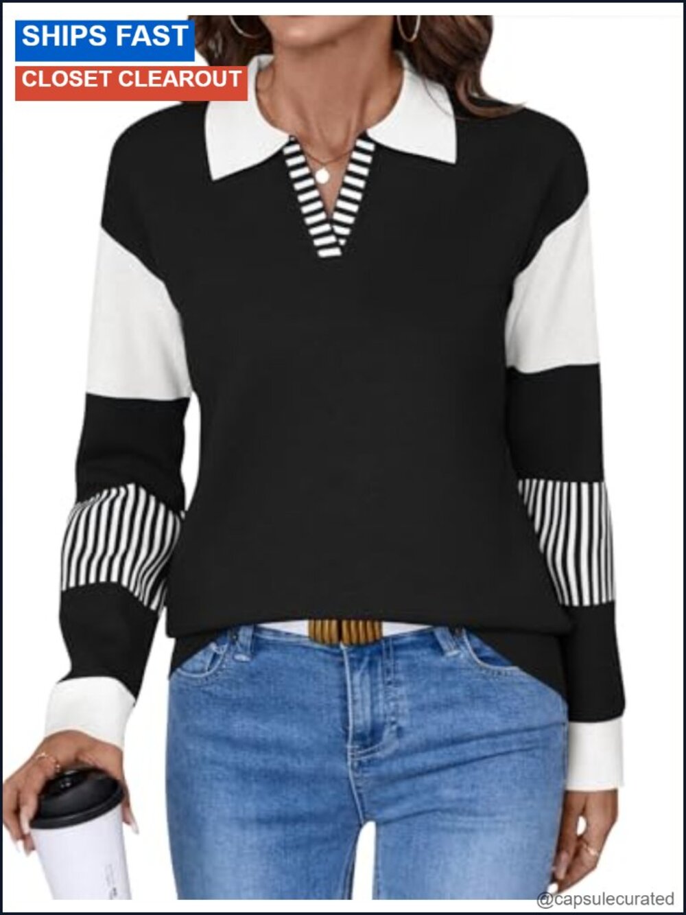 Womens V-Neck Long Sleeve Color Block Striped Knit Pullover Sweater
